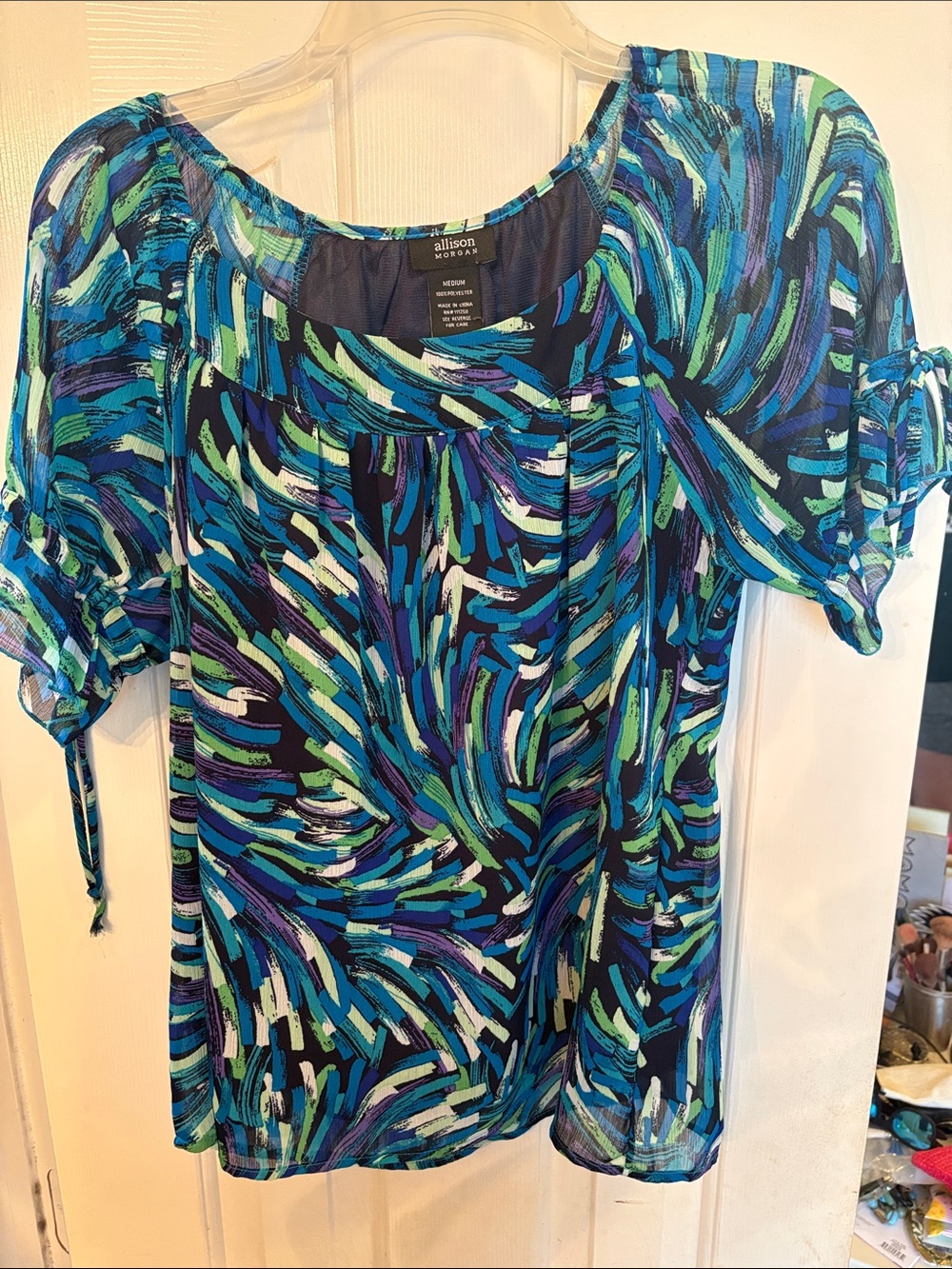 Allison Morgan Blue Teal Purple Abstract Short Sleeve Blouse